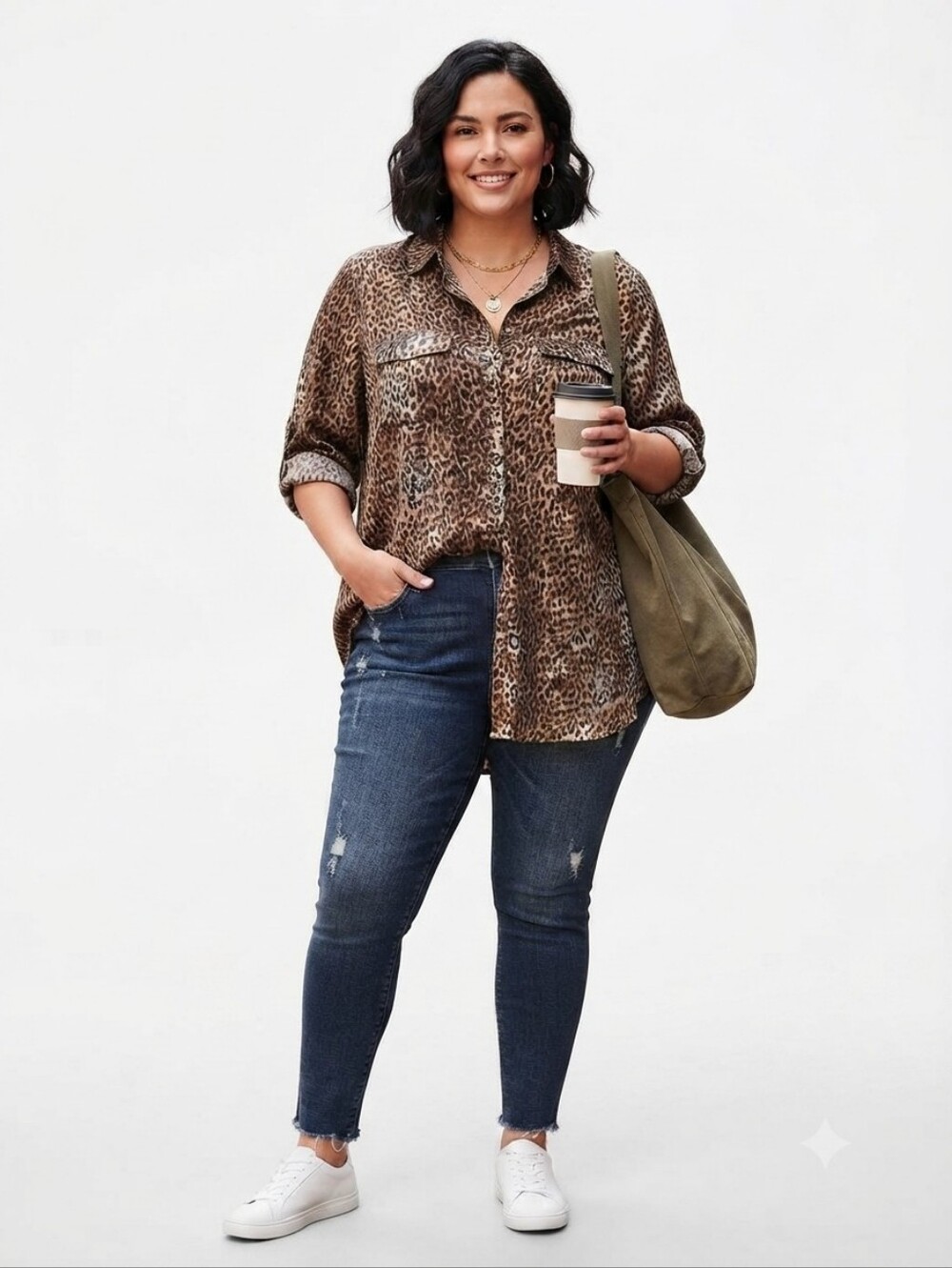 Faded Glory Women's 100% Rayon Leopard Print Button-Down Shirt - Brown L(12-14)